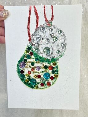 Handmade Jeweled Holiday Christmas Ornament Canvas - Green & Silver 5x7